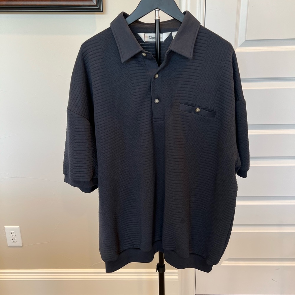 Textured Knit Polo Shirt XXL Dark Navy Retro Banded Hem Pocket